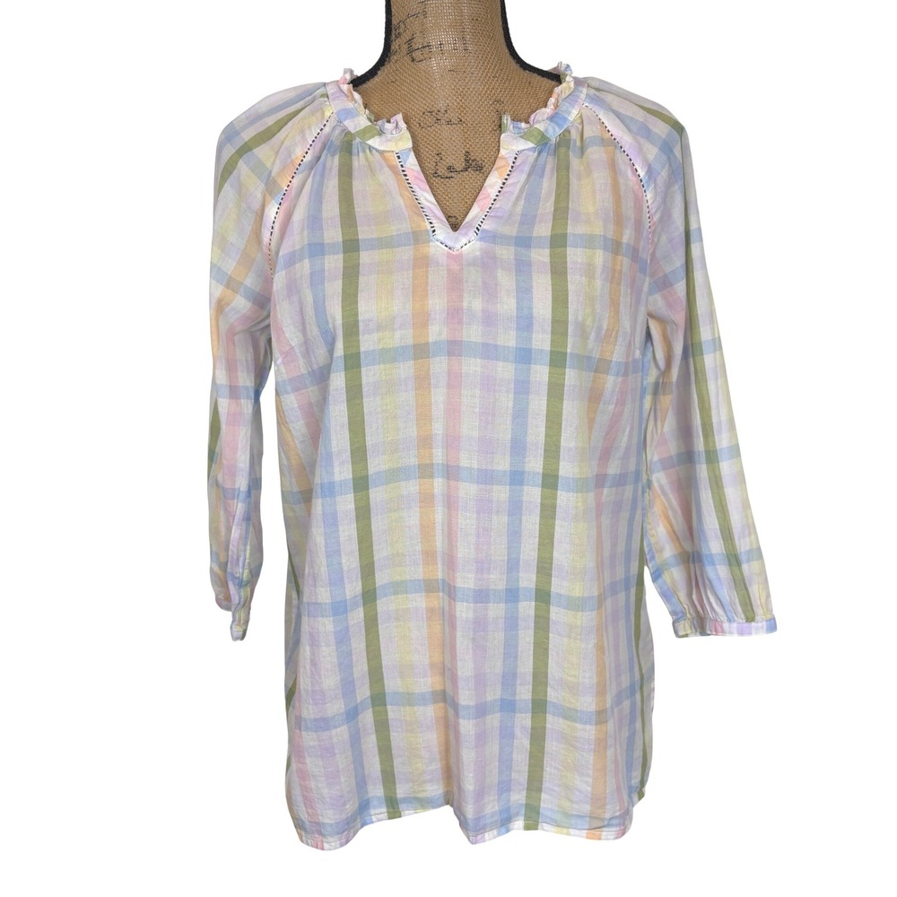 Talbots Pastel Plaid Cotton Ruffle V-Neck Blouse Spring Feminine Medium Petite